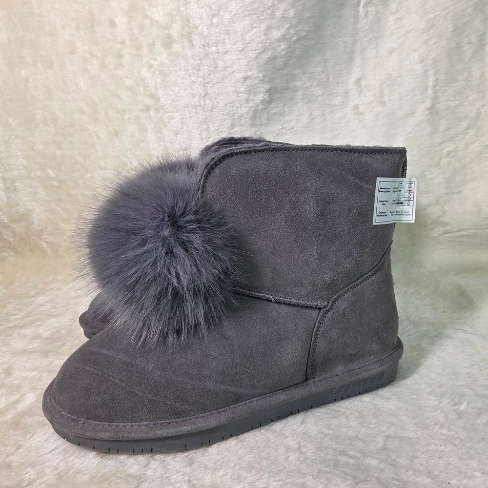 Bearpaw Liv Ankle Boots Charcoal Gray Suede Puff Shearling Lined Womens 9.5 NEW